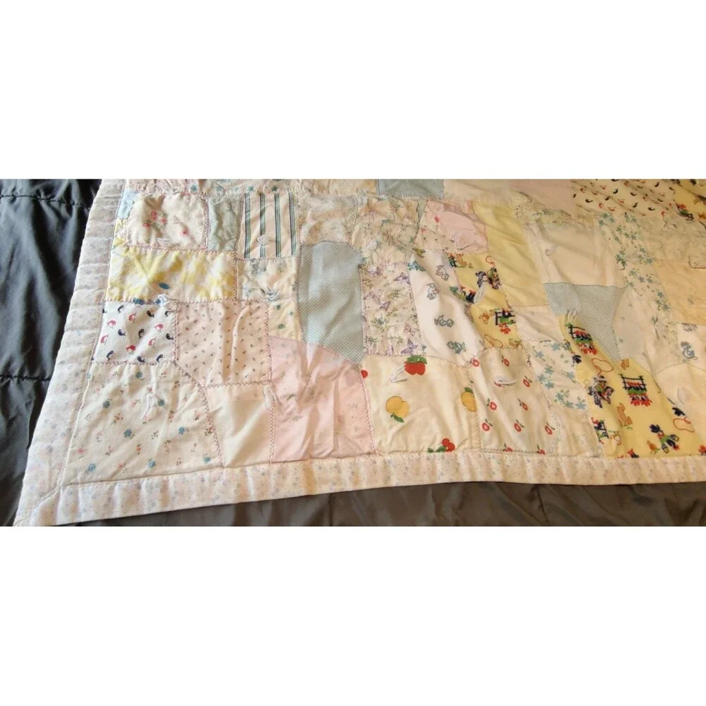 Vintage 1970s Handmade Tied Patchwork Baby Quilt Crib Blanket Nursery 55